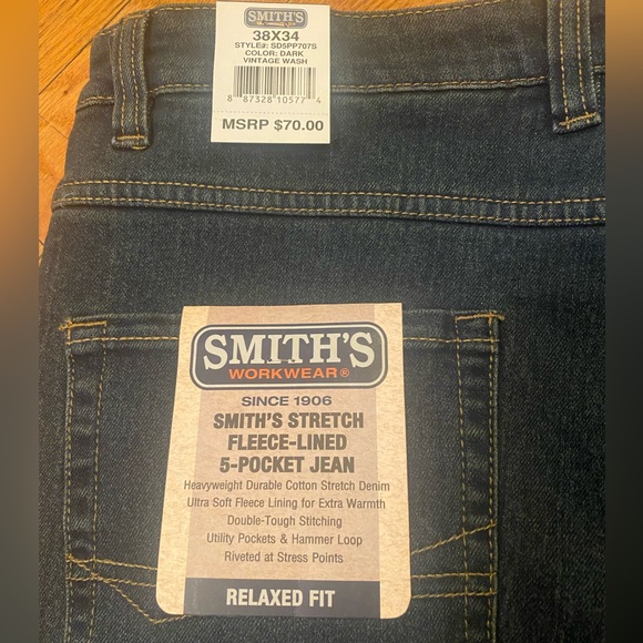 Smith's Workwear Fleece Lined 5 Pocket Denim Pant, Dark Vintage wash 38X34 NWT - Picture 5 of 8